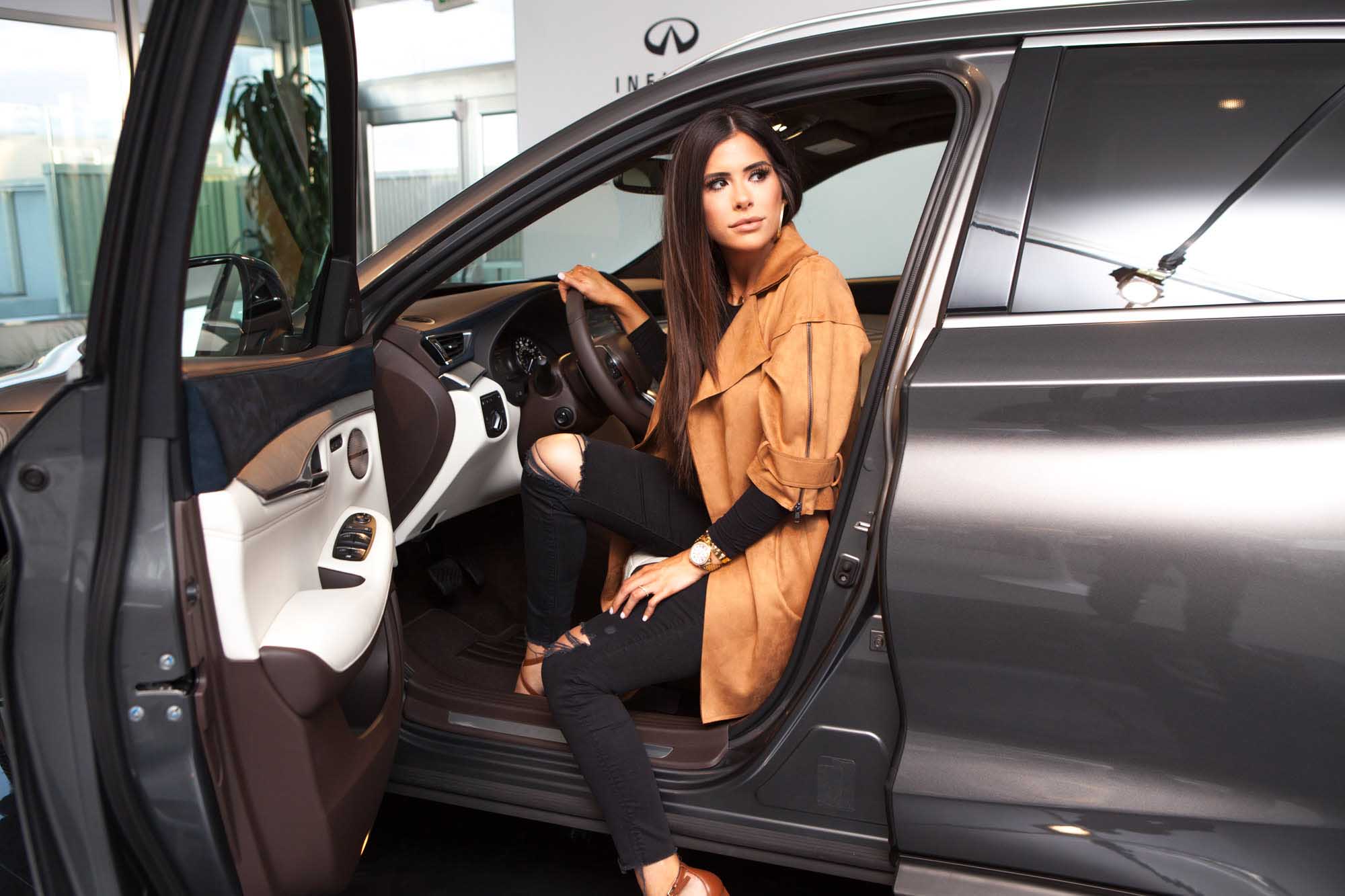Fashion Photography and Car Photography,  driving and posing in front of new Infiniti QX50